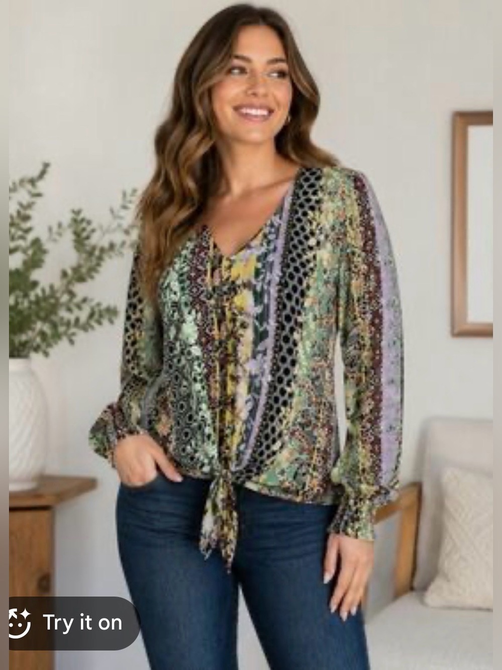 INC Womens Multicolor Tie-Front V-Neck Blouse